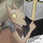 1:1 2013 anthro armor blushbutt breasts dialogue duo ear_piercing english_text female human knight kobold looking_up male mammal open_mouth piercing scalie shocked teeth text warrior