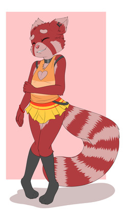 3_toes 5_fingers anthro biped blind bottomwear clothed clothing collar crossdressing disability eyes_closed feet femboy fingers footwear fur heart_symbol humanoid_hands legwear long_socks male multicolored_body multicolored_fur multicolored_tail pink_nose red_body red_fur simple_background skirt smile socks solo standing tail toes two_tone_body two_tone_fur two_tone_tail wristband enookie ailurid mammal red_panda absurd_res digital_media_(artwork) hi_res