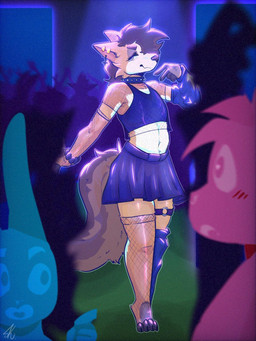 anthro armwear bottomwear clothed clothing collar crop_top dance_floor dancing ear_piercing ear_ring elbow_gloves femboy fur gloves hair handwear leggings legwear looking_at_viewer male midriff navel netshirt nightclub party piercing ring_piercing shirt simple_background skirt smile solo stockings tail thigh_highs topwear soyk3nun scott_(corgipudding) canid canine canis domestic_dog herding_dog mammal pastoral_dog welsh_corgi 3:4 digital_media_(artwork) hi_res