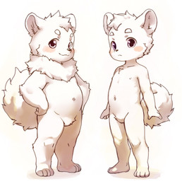 anthro duo featureless_crotch fur hands_on_hips happy looking_at_viewer male navel nipples nude_male overweight overweight_male simple_background tail white_background white_body white_fur young young_anthro young_male kochi662368621 species_request 2026 hi_res japanese_description