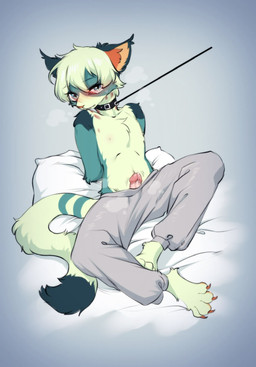bed blood blue_eyes blush blushing_profusely bodily_fluids bottomwear chest_tuft claws clothed clothing collar erection fur furniture genital_fluids genitals green_body green_fur grey_bottomwear grey_clothing grey_pants grey_sweatpants hands_behind_back leash leash_pull male pants pants_only penis precum scratches shy solo sweat sweatdrop sweatpants topless tuft white_sheets swaybat zil_(swaybat) domestic_cat felid feline felis mammal digital_drawing_(artwork) digital_media_(artwork) hi_res