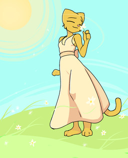 anthro barefoot clothing dress eyes_closed feet female field flower fur outside pink_nose plant solo sundress tail yellow_body yellow_fur filthypally microsoft prequel_adventure the_elder_scrolls katia_managan felid khajiit mammal hi_res