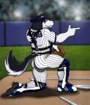 anthro ball baseball_(sport) butt catcher clothed clothing male muscular muscular_anthro muscular_male solo sport uniform corrsk sebastian_king canid canine canis domestic_dog husky mammal nordic_sled_dog spitz hi_res