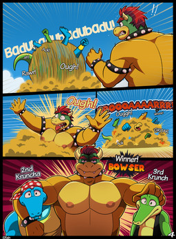 anthro areola beach biceps caught clothed clothing collar feet fight fight_cloud green_body group hair headgear headwear horn kerchief looking_at_viewer male muscular muscular_anthro muscular_male nipples open_clothing open_mouth open_topwear outside pecs plantigrade sand soles spikes standing tail teeth text thong toes tongue tongue_out topwear trio underwear elfein diddy_kong_racing donkey_kong_(series) mario_bros nintendo bowser krunch_the_kremling kruncha alligator alligatorid crocodile crocodilian dragon_koopa koopa kremling kritter_(kremling) reptile scalie comic digital_media_(artwork) english_text hi_res