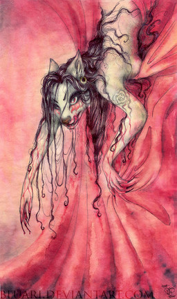 anthro blood blood_on_face bodily_fluids breasts ear_piercing ear_ring female hair licking licking_lips long_hair piercing red_eyes ring_piercing solo tongue tongue_out upside_down bluari canid canine canis mammal vampire wolf 2008 red_theme