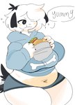 2021 :3 anthro belly big_belly big_breasts biped black_claws black_ears blue_bottomwear blue_clothing blue_hoodie blue_topwear bone bottomwear breasts burger canid canine canis claws clothed clothing curvy_figure digital_media_(artwork) domestic_dog eating eating_food english_text female female_anthro floppy_ears food fur hair hair_over_eye hi_res holding_burger holding_food holding_object hoodie huge_breasts kemono looking_at_food looking_at_object looking_pleasured mammal narrowed_eyes navel one_eye_obstructed overweight overweight_anthro overweight_female pepper_(puppkittyfan1) pink_belly portrait puppkittyfan1 shaded short_hair simple_background simple_shading slightly_chubby slightly_chubby_anthro slightly_chubby_female solo sparkles speech_bubble standing star_pupils tail tail_motion tailwag text thick_thighs three-quarter_portrait tomboy topwear tuft voluptuous white_background white_body white_fur white_hair