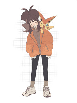 ambiguous_gender anthro blue_eyes brown_hair clothing coat duo emanata eyelashes eyes_closed fangs female footwear gesture hair hand_gesture looking_at_viewer one_eye_closed open_mouth shoes simple_background size_difference socks teeth toothy_smile topwear v_sign yellow_body himetya105 nintendo pokemon hilda_(pokemon) generation_5_pokemon human legendary_pokemon mammal pokemon_(species) victini 2025 3:4 hi_res