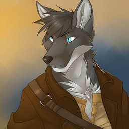 anthro black_nose blue_eyes brown_clothing brown_jacket brown_topwear clothed clothing front_view fur grey_body grey_fur grey_hair hair jacket male male_anthro mouth_closed pupils short_hair simple_background slit_pupils solo tan_clothing tan_topwear topwear white_body white_fur solaxe_(artist) gt78 1:1 bust_portrait portrait