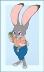 4_fingers 4_toes anthro breasts buckteeth clothing eyebrows feet female fingers fur grey_body grey_fur holding_object long_ears pink_inner_ear pink_nose purple_eyes scut_tail short_tail solo tail teeth toes red-panther disney zootopia judy_hopps lagomorph leporid mammal rabbit 2022 digital_media_(artwork)