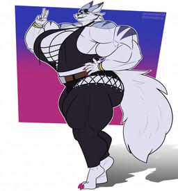 anthro anthrofied belt big_breasts big_muscles bottomwear breasts clothing eyewear fangs female fingernails huge_breasts huge_muscles muscular muscular_anthro muscular_arms muscular_female muscular_thighs nails red_eyes solo sunglasses teeth text thick_thighs topwear wide_hips somniumfox bandai_namco digimon digimon_(species) garurumon 2025 artist_name digital_media_(artwork) hi_res