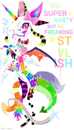 1_horn 2000s_theme band-aid bandage bandaged_tail black_body black_fur blood blue_body blue_fur blue_inner_ear blue_text blue_tongue bodily_fluids bone_collar_tag collar collar_tag coontail_hair eyelashes eyeshadow feathered_wings feathers female female_feral feral floral_print fur furgonomics furry-specific_piercing green_body green_fur green_tail green_text hair horn makeup membrane_(anatomy) membranous_wings multicolored_body multicolored_fur multicolored_horn nosebleed open_mouth open_smile orange_body orange_fur orange_tail orange_text orange_wings piercing pink_body pink_bow pink_fur pink_sclera purple_eyeshadow purple_tail purple_tongue purple_wings rainbow rainbow_body rainbow_fur rainbow_horn red_body red_collar red_eyes red_fur scales scaly_tail sharp_teeth sidelocks smile solo sparklefur star striped_ears striped_tongue tail teeth text tongue unicorn_horn white_body white_fur white_wings wing_piercing wings yellow_body yellow_fur yellow_teeth chatoyancy scraps_(chatoyancy) canid canine mammal 2024 colorful_theme digital_drawing_(artwork) digital_media_(artwork) full-length_portrait hi_res lineless portrait