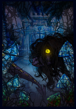 anthro black_border border branch brown_hair castle dead_tree fangs female fungus glowing glowing_eyes hair looking_at_viewer messy_hair mushroom plant pupils purple_body slit_pupils solo spade_tail tail teeth tree yellow_sclera raffataff deltarune undertale_(series) susie_(deltarune) reptile scalie 2026 crayon_(artwork) digital_media_(artwork) hi_res mixed_media traditional_media_(artwork)