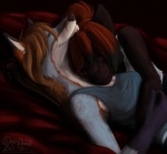 anthro bed black_body black_fur black_hair brown_hair clothed clothing cuddling duo eyes_closed female female/female fur furniture grey_body grey_fur hair inside long_hair love lying markings multicolored_hair on_back on_side orange_markings red_hair shirt sleeping smile tank_top topwear white_body white_fur runicnature nova_era sierra_blakely canid canine canis fox grey_fox mammal urocyon wolf 2012 digital_media_(artwork)