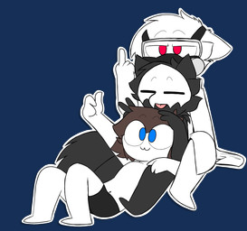ambiguous_gender anthro black_body black_fur blue_eyes brown_hair clothed clothing coat daww eyes_closed fur gas_mask gesture group hair hand_gesture hand_on_head lab_coat male mask middle_finger navel on_lap outline pointing red_eyes simple_background sitting sitting_on_lap thumbs_up tongue tongue_out topless topless_human topless_male topwear transparent_background white_body white_fur white_outline psychobonnietbg changed_(video_game) dr._k_(changed) lin_(changed) puro_(changed) canid canine canis goo_creature human mammal wolf alpha_channel hi_res