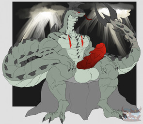3_toes anthro arm_spikes balls barazoku biceps big_balls big_penis chest_markings chin_spikes claws cloud cloudy_sky dark_sclera digitigrade erection facial_spikes feet forked_tongue genitals hand_on_leg hand_on_thigh head_spikes horn huge_balls huge_penis light light_beam long_tail looking_at_viewer male markings nude nude_anthro nude_male pecs penis pupils red_eyes red_markings red_penis shoulder_spikes simple_background sitting sky slit_pupils solo spiked_penis spiked_tail spikes spikes_(anatomy) sunbeam sunlight tail teeth toe_claws toes tongue tongue_out triceps daikuhiroshiama capcom monster_hunter dalamadur elder_dragon 2025 hi_res