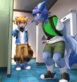 anthro backpack bar_emanata bathroom bent_legs blue_body blue_fur blush brown_body brown_fur clothed clothing duo emanata embarrassed fully_clothed fur hand_behind_back looking_at_another male multicolored_body multicolored_fur open_mouth public_restroom question_mark raccoon_tail rumbling_stomach school_restroom side_view sound_effects standing tail text two_tone_body two_tone_fur white_body white_fur young young_anthro young_male endoudouhu canid canine canis mammal procyonid raccoon wolf 2026 absurd_res hi_res japanese_text