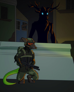 ambiguous_gender anthro antlers armor backpack blue_eyes boots city clothed clothing crouching detailed_background digitigrade duo empty_eyes footwear furgonomic_footwear furgonomics gas_mask glowing gun headgear helmet hiding holding_gun holding_object holding_ranged_weapon holding_weapon horn mask military_uniform night nude outside ranged_weapon red_eyes shoes standing submachine_gun uniform weapon fyreblazes project_silverfish deer inheritor lizard mammal monster not-deer reptile scalie 2025 hi_res signature male_(lore)