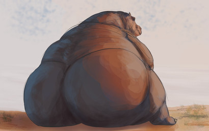 ambiguous_gender anthro big_butt butt butt_focus grey_body grey_skin huge_butt looking_back nude obese obese_ambiguous obese_anthro outside overweight overweight_ambiguous overweight_anthro rear_view sitting solo thick_thighs vincents-virtues common_hippopotamus hippopotamid mammal