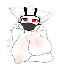 anthro big_breasts breasts crossgender female front_view gas_mask mask multicolored_body nipples red_eyes solo patto_pib changed_(video_game) dr._k_(changed) domestic_cat felid feline felis mammal hi_res