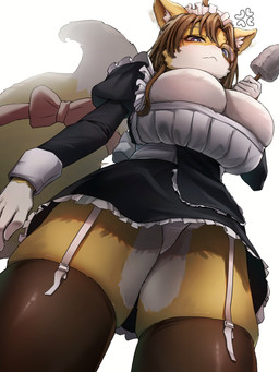 accessory anthro big_breasts big_tail black_clothing bottomwear breasts brown_hair clothed clothing dipstick_tail eyebrows eyelasheyes eyewear female fluffy fluffy_tail fur furgonomics gartebelt hair holding_object inner_ear_fluff looking_at_viewer maid_uniform markings monocle panties ribbons simple_background skirt solo tail tail_accessory tail_markings tail_ribbon thick_thighs tuft underwear uniform white_body white_fur mimideu64931 canid canine fox mammal 2026 hi_res