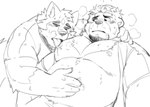 2022 anthro anthro_on_anthro bear blush bodily_fluids canid canine clothed clothing duo facial_hair hat headgear headwear humanoid_hands kemono licking male male/male mammal merfiller monochrome moobs nipple_fetish nipple_lick nipple_play nipples open_clothing open_shirt open_topwear overweight overweight_male shirt sketch sweat tongue tongue_out topwear