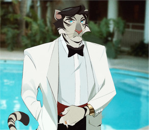 alternate_species anthro black_bow_tie black_hair blue_eyes blurred_background bow_tie cigarette clock clothing dipstick_tail eyebrows fur furrification grey_body grey_fur hair holding_cigarette holding_object male markings parody photo_background pink_nose solo standing striped_markings striped_tail stripes suit suit_jacket tail tail_markings watch whiskers white_body white_clothing white_fur white_suit arealtrashact another_time_another_place real_world bryan_ferry felid mammal pantherine tiger 2023 hi_res photography_(artwork)
