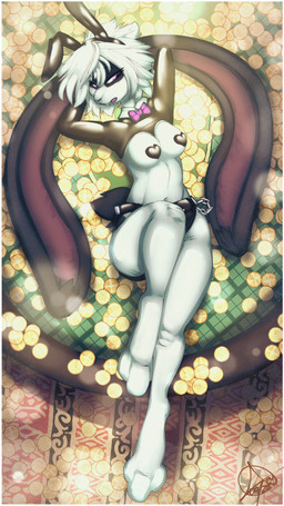 5_fingers anthro armband biped black_body black_fur breasts buckteeth bunny_costume chain clothed clothing coin costume curvy_figure detailed_background eye_through_hair eyelashes eyeshadow female fingers floppy_ears front_view fur furniture glistening glistening_body glistening_clothing hair inside lips long_ears makeup multicolored_body multicolored_fur narrowed_eyes navel pasties pink_inner_ear purple_eyes reverse_bunny_costume seductive solo table teeth tongue topwear translucent translucent_hair two_tone_body two_tone_fur white_body white_fur white_hair atokitsune calliope_cox lagomorph leporid mammal rabbit 2024 4k 9:16 absurd_res hi_res signature