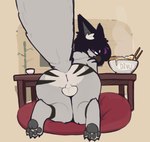 all_fours anthro balls barefoot beak biped blush feet food furniture genitals grey_body grey_tail hair looking_back male noodles nude pawpads purple_hair ramen rear_view simple_background solo table tail divucup avian bird absurd_res hi_res