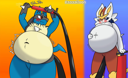air_inflation ambiguous_gender anthro belly belly_expansion belly_inflation belly_rub bicycle_pump big_belly black_body black_fur black_inner_ear blue_body blue_fur buckteeth chest_spike crossed_arms duo expansion facial_markings featureless_crotch fur gloves_(marking) hand_on_belly hand_on_own_belly hand_spike head_markings hose hose_in_butt hose_inflation inflation markings mask_(marking) motion_lines navel onomatopoeia orange_background pawpads purple_background red_body red_eyes red_fur red_nose simple_background sound_effects spikes spikes_(anatomy) teeth text white_body white_fur yellow_body yellow_fur yellow_inner_ear yellow_pawpads baaaalloon nintendo pokemon cinderace generation_4_pokemon generation_8_pokemon lucario pokemon_(species) 2026 digital_drawing_(artwork) digital_media_(artwork) english_description english_text hi_res
