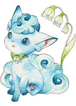 ambiguous_gender blue_body blue_eyes blue_fur blue_markings bow_tie digitigrade feral flower fluffy fluffy_tail fur gloves_(marking) green_bow_tie green_ribbon leg_markings lily_of_the_valley markings neck_ribbon open_mouth pawpads paws pink_inner_ear pink_pawpads plant quadruped ribbons simple_background sitting socks_(marking) solo tail white_background white_body white_flower white_fur nameko nintendo pokemon alolan_form alolan_vulpix canid canine generation_7_pokemon mammal pokemon_(species) regional_form_(pokemon) 2018