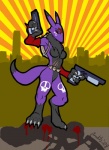 alternate_color anthro city cityscape dual_wielding female gun holding_gun holding_object holding_ranged_weapon holding_weapon ranged_weapon solo tail weapon anaktis bandai_namco digimon fan_character skullrenamon canid canine digimon_(species) mammal renamon 1998 signature