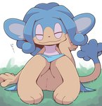 3_toes anus blue_hair blush bottomless clothed clothing crepix feet female generation_5_pokemon genitals hair japanese_text mammal nintendo pokemon pokemon_(species) primate pseudo_clothing pussy simipour smile solo text toes