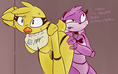 anthro beak bent_over bib bodily_fluids bow_(feature) bow_tie breasts crossgender duo ellipsis eyelashes featureless_breasts female female/female fisting fur looking_up lost_my_keys machine mostly_nude non-mammal_breasts penetration purple_body purple_fur sex simple_background standing suggestive sweat text tongue tongue_out yellow_body yellow_fur jailbait_knight five_nights_at_freddy's scottgames bonnie_(fnaf) chica_(fnaf) classic_chica_(fnaf) animatronic avian bird chicken galliform lagomorph leporid mammal phasianid rabbit robot 2015 digital_media_(artwork) english_text