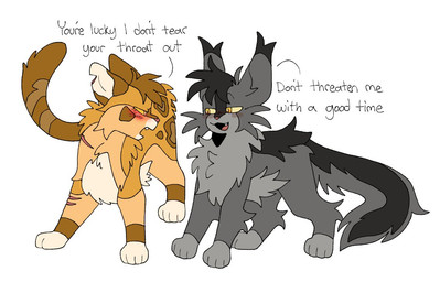 ambiguous_gender angry blush chest_tuft dark_stripes death_threat dialogue duo ear_tuft feral fluffy fluffy_belly fluffy_chest fur grey_body grey_fur grey_paws hair leopard_spots lighter_belly markings notched_ear open_mouth scar scars_all_over simple_background smile smug smug_expression smug_grin spots teasing teasing_partner teeth text threatening tongue tuft white_paws yellow_body yellow_eyes yellow_fur getthly warriors_(book_series) graystripe_(warriors) leopardstar_(warriors) domestic_cat felid feline felis mammal tabby_cat digital_media_(artwork) english_text female_(lore) male_(lore)