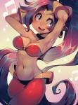 blue_eyes breasts clothing dark_body dark_skin ear_piercing ear_ring female glistening glistening_body glistening_clothing hair humanoid_pointy_ears long_hair navel not_furry open_mouth open_smile piercing pointy_ears ponytail purple_hair ring_piercing smile solo parororo shantae_(series) wayforward shantae genie humanoid 2017