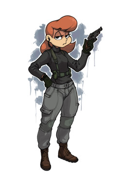anthro belt boots bottomwear clothed clothing earpiece female footwear gloves gun hair handgun handwear harness holding_gun holding_object holding_ranged_weapon holding_weapon looking_at_viewer pants ranged_weapon red_hair revolver shoes solo weapon ricksteubens humongous_entertainment spy_fox_(series) monkey_penny haplorhine mammal monkey primate digital_media_(artwork) hi_res