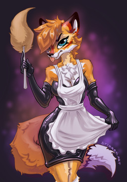 abstract_background anthro apron armwear blep chest_tuft clothing dress elbow_gloves female fluffy gloves handwear highlights_(coloring) latex latex_clothing latex_dress latex_gloves latex_handwear long_tail looking_at_viewer maid_uniform pose red_highlights solo tail tight_clothing tight_dress tongue tongue_out tuft uniform stirren canid canine fox mammal hi_res pinup