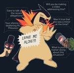 4_fingers anthro biped dialogue electronics fangs fingers group holding_microphone holding_object humor male microphone open_mouth speech_bubble teeth text trio dustifang 2024_pokemon_gigaleak nintendo pokemon generation_2_pokemon pokemon_(species) typhlosion 2024 english_text hi_res