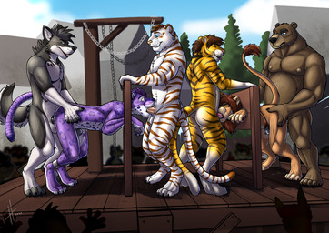 abs anal anal_penetration ankle_cuffs anthro anthro_on_anthro anthro_penetrated anthro_penetrating anthro_penetrating_anthro audience balls bdsm belly biceps bodily_fluids bound butt chastity_cage chastity_device collar collar_only crowd cuff_(restraint) cum cum_in_ass cum_inside dominant dominant_male drooling erection eyewear eyewear_only fellatio forced fur genital_fluids genitals glasses glasses_only group group_nudity group_sex hand_on_hip humiliation interspecies male male/male male_penetrated male_penetrating male_penetrating_male musclegut muscular navel nipples nude nude_in_front_of_audience oral oral_penetration outdoor_nudity outside outside_sex pecs penetration penile penile_penetration penis plant platform precum prisoner public public_erection public_humiliation public_nudity public_sex public_use puddle punishment purple_body purple_fur rape restraints saliva saliva_string sex sex_slave shackles slave slightly_chubby smile spitroast stocks striped_body striped_fur stripes submissive submissive_male town_square tree wearing_glasses hufnaar bjorn_(grizzbjorn) dugan_(dugantheblackpanther) dustin_the_toygar faelan_(kogenta) leon_goldenmane nico_(goldenr21) bear brown_bear canid canine canis felid grizzly_bear lion mammal pantherine tiger ursine wolf absurd_res hi_res
