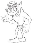 anthro barefoot briefs butt clothed clothing feet heart_pattern male open_mouth pattern_briefs print_briefs print_clothing print_underwear simple_background smile solo teeth_showing topless underwear white_background thegreatmatsutzu activision crash_bandicoot_(series) crash_bandicoot bandicoot mammal marsupial black_and_white monochrome sketch