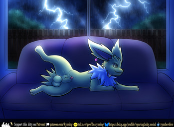 animal_genitalia animal_penis balls canine_genitalia canine_penis cloud electricity fence feral fur furniture genitals grass inside lightning lightning_bolt looking_at_viewer lying lying_on_sofa male on_side on_sofa penis plant presenting presenting_balls presenting_penis raining smile sofa solo text water window yellow_body yellow_fur rymherdier nintendo pokemon fan_character eeveelution generation_1_pokemon jolteon mammal pokemon_(species) absurd_res digital_media_(artwork) english_text hi_res shaded soft_shading url