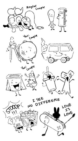 ball beverage car dynamite explosives group happy light_bulb not_furry open_mouth open_smile smile text toy_car vehicle yelling clockstops3am conditional_dnp stonerobjectum battle_for_dream_island object_shows animate_inanimate black_and_white english_text hi_res monochrome sketch sketch_page