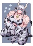 ambiguous_gender animal_print armwear bell biceps big_breasts big_muscles blood blue_eyes bodily_fluids breasts clothing cow_print deltoids duo elbow_gloves female feral gloves grey_hair hair handwear horn huge_muscles muscular muscular_female nosebleed vein dendmy animal_humanoid bovid bovid_humanoid bovine bovine_humanoid cattle cattle_humanoid humanoid mammal mammal_humanoid 2021 absurd_res hi_res