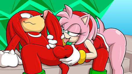 anthro ball_fondling balls bedroom_eyes big_penis blush bodily_fluids breasts butt clothed clothing dress duo erection female fondling footwear fur genitals gloves green_eyes hair half-closed_eyes hand_on_balls hand_on_penis handjob handwear humanoid_genitalia humanoid_penis licking male male/female master_emerald narrowed_eyes open_mouth oral outside_sex penile penis penis_lick pink_body raised_clothing raised_dress seductive sex shoes sitting smile spread_legs spreading sweat sweatdrop tail tongue tongue_out sonicguru sega sonic_the_hedgehog_(series) amy_rose knuckles_the_echidna echidna eulipotyphlan hedgehog mammal monotreme digital_media_(artwork) hi_res