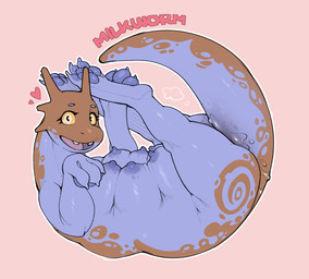 big_breasts bodily_fluids breasts female feral genital_fluids heart_symbol holding_leg lying multi_breast multicolored_body musk on_back paws purple_body simple_background slightly_chubby smile smiling_at_viewer solo vaginal_fluids yellow_eyes syn-6 milkworm_(syn-6) amphibian hybrid monster scalie hi_res
