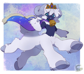 bell bell_collar black_body blue_eyes cape clothing collar crown fur hair headgear hooves male open_mouth solo white_body white_fur white_hair white_hooves mochiri bovid caprine mammal sheep taur absurd_res hi_res