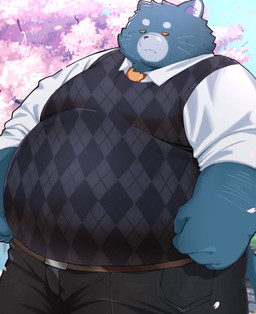 accessory anthro belly big_belly bottomwear clothing kemono male necktie outside overweight overweight_male pants plant shirt solo standing sweater sweater_vest topwear tree vest trail_arnak domestic_cat felid feline felis mammal 2026 absurd_res hi_res