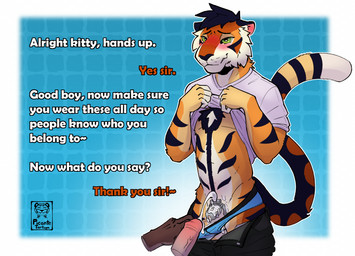 anthro balls blush bodily_fluids bottomwear chastity_cage chastity_device clothed clothing clothing_lift cum cum_in_clothing cum_in_partner's_clothing cum_in_underwear cum_on_chastity_cage cum_smuggling cumshot dialogue dominant dominant_male duo ejaculation erection genital_fluids genitals humanoid_genitalia male male/male marking_territory orgasm penis smile stripes submissive submissive_male tail text underwear wet wet_clothing wet_underwear white_body picantetortuga tyggz_(tigerbytez) felid mammal pantherine tiger digital_media_(artwork) english_text hi_res