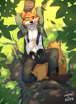 anthro belly_tuft belt big_tail black_clothing black_footwear black_shoes bottomwear branch brown_bottomwear brown_clothing brown_pants clothing collared_shirt dress_pants dress_shoes dress_socks footwear fur hands_behind_head head_tuft in_tree leaf looking_at_viewer male necktie one_eye_closed open_belt open_mouth orange_body orange_fur pants plant pose red_body red_fur shirt shoelaces smile smirk solo suit_jacket tail topwear tree tuft underwear undone_tie white_body white_clothing white_fur white_shirt white_topwear wink winking_at_viewer mofu_guys disney robin_hood_(disney) robin_hood canid canine fox mammal red_fox true_fox hi_res