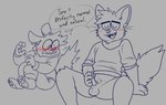 anthro blushing_profusely bodily_fluids bottomless clothed clothing dialogue duo female flying_sweatdrops genitals male male/female masturbation penis polydactyly public public_exposure public_masturbation size_difference small_penis startled sweat sweatdrop chimeracocks sparklecare levi_tu_fate slite_li_ill anthry_(sparklecare) canid canine domestic_cat felid feline felis fennec_fox fox hybrid mammal true_fox absurd_res hi_res line_art monochrome sketch cousins_(lore) nonbinary_(lore) trans_(lore) trans_woman_(lore)